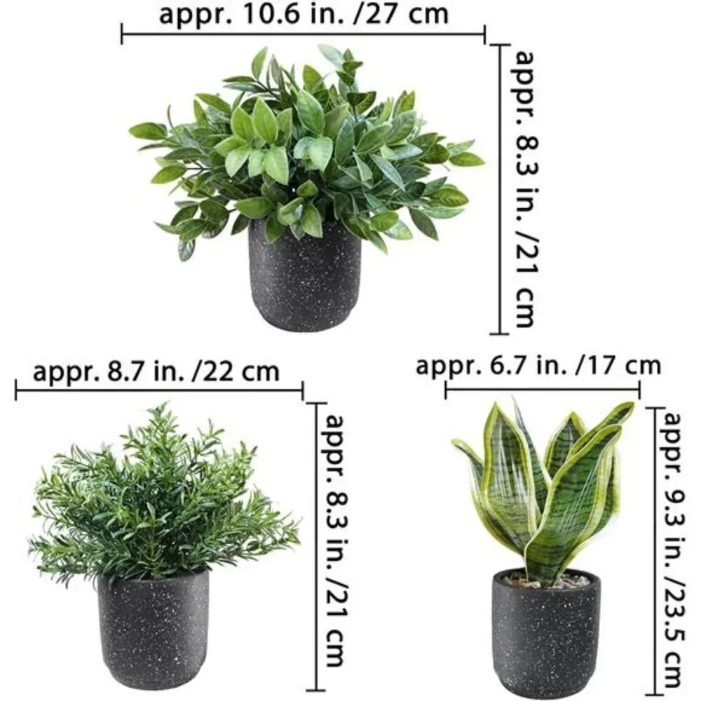 3 Pack Small Potted Artificial Plants Faux Greenery Rosemary Boxwood Snake Plant